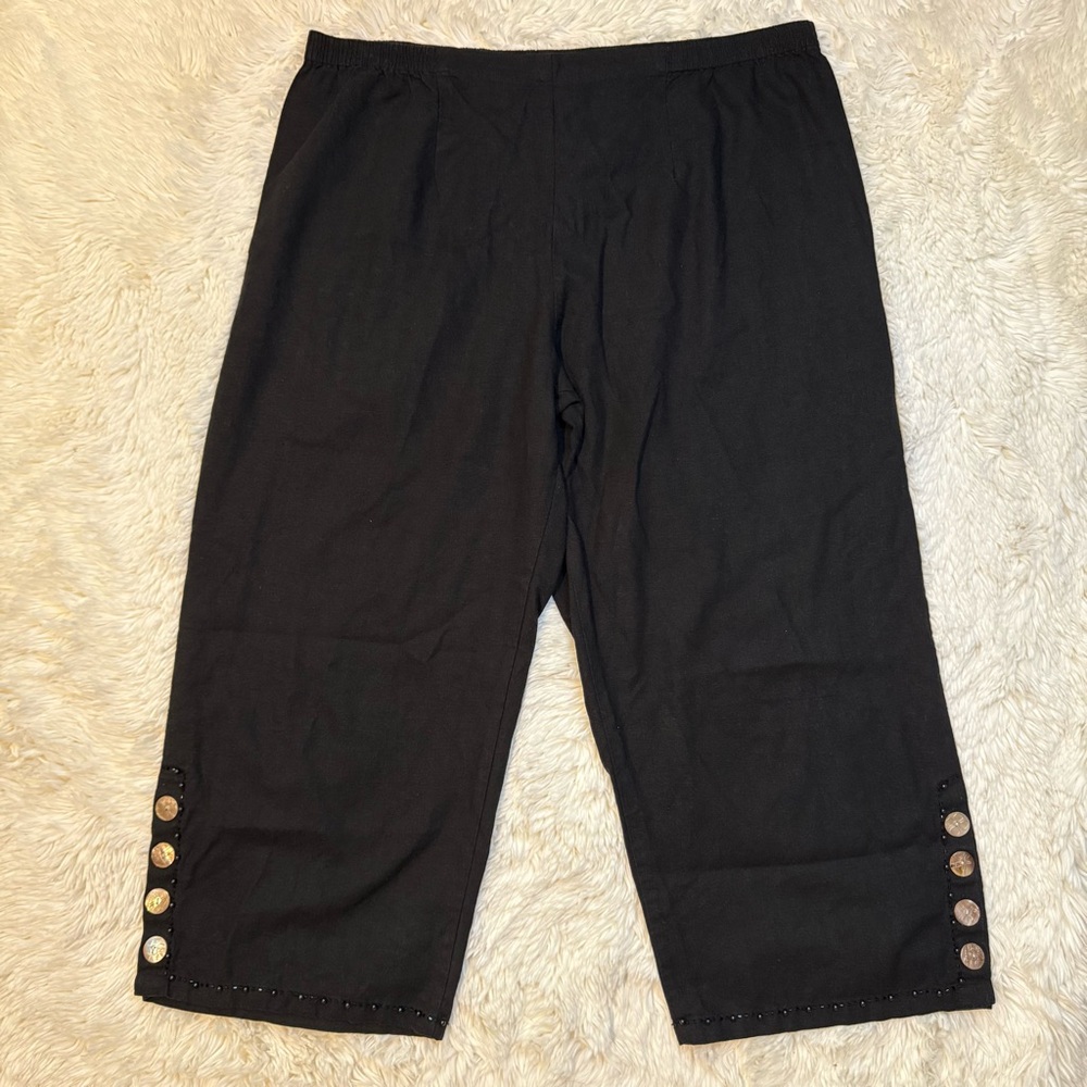 Vintage Linen Blend Capri Cropped Pants w/ Buttons & Bead Embellishments